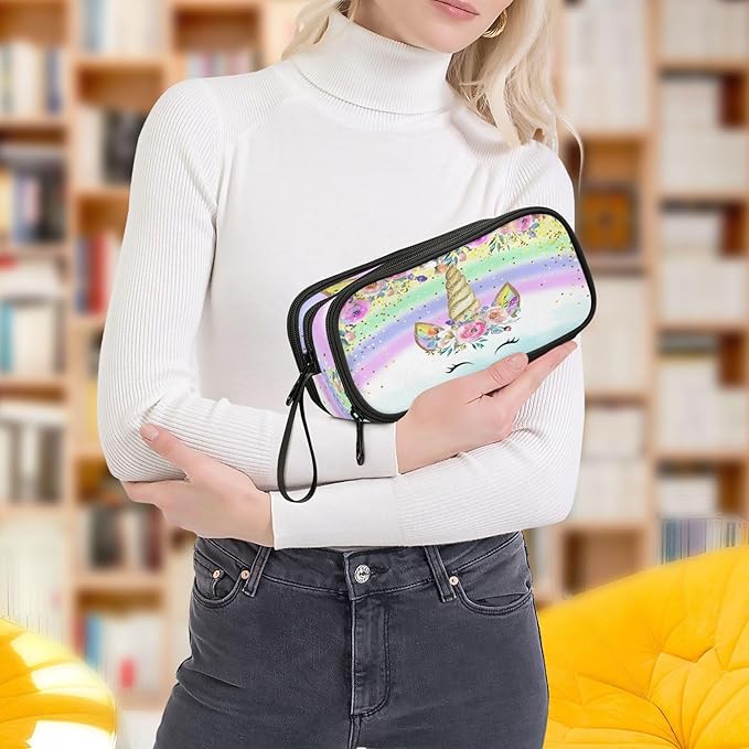 BOENLE Unicorn Rainbow Flower Pencil Case Box Boys Girls Large Pencil Pouch with Zipper Compartments Big Capacity Stationery Pen Bag Organizer for Kids Teens Adults School