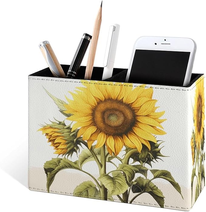 Famame Large Sunflower with Leaves Pencil Holder for Desk, Leather Desktop Container Pen Cup Storage Study Table Pen Organizer Makeup Brush Holder for Classroom Office Home