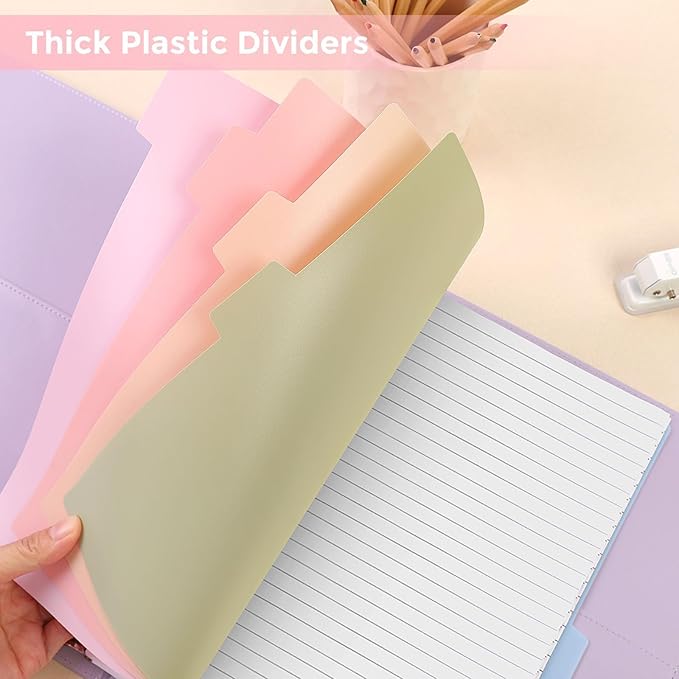 SKYDUE 8 Tab Durable Plastic Dividers, Big Tab Dividers for 3 Ring Binder, Write & Erase 3 Ring Binder Dividers with Tabs, with Sticker Labels, 1 Set, Aesthetic Pastels Binder Dividers