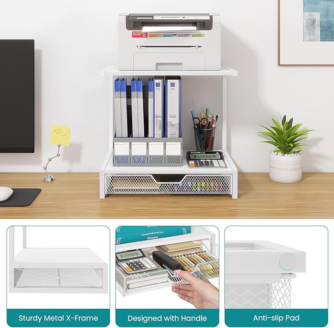 ELITEROO Printer Stand for Desk with Storage Drawer, 2 Tier Desktop or Under Desk Shelf, Wood Desktop Organizer for Home Office, Fits 3D Printer, Scanner, Fax Machine, Cricut, White