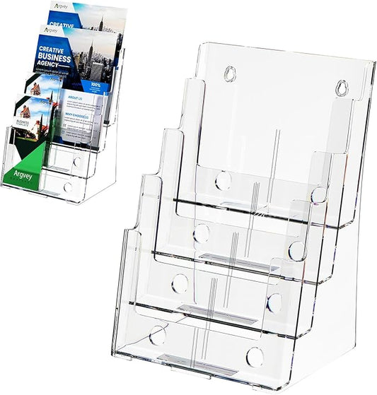 Argvey Acrylic Brochure Holder 8.5 x 11 inches, 4 Tier Clear Brochure Display Stand with Removable Divider for Trifold 4 Inches Wide Pamphlet, Plastic Flyer Holder for Magazine, Literature, Booklet
