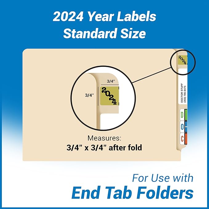 2024 Year Labels, Doctor Stuff 2024 Chart Stickers, Ringbook Sheets, Gold/Black Color Coded, Jeter Style, USA Made Year Stickers for End Tab File Folders, 270/Package, 3/4" x 1-1/2"