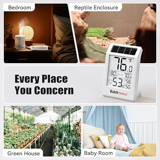 BaldrTherm Room Thermometer Indoor Humidity Meter, Solar-Powered 3.2'' Digital Temperature Sensor Monitor with Max/Min Reading, Comfort Indicator for Baby Room, Home, Office, White, 1Pack