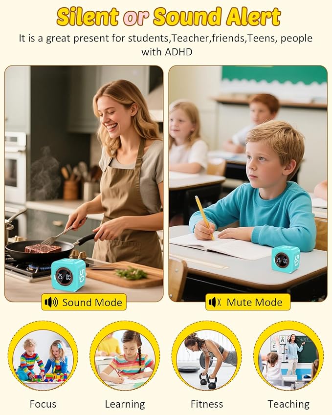 Digital Pomodoro Timer Cube 5/10/25/50min, Visual Productivity Flip Timer for Kids Classroom Desk, Custom Countdown, Silent and Sound Mode for ADHD Study Work Game Kitchen (Mint Green)