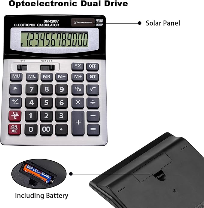 YEBMoo 12 Digit Desktop Calculator with Large LCD Display and Sensitive Button, Dual Solar Power and Battery, Standard Function for Office (YE1200v)