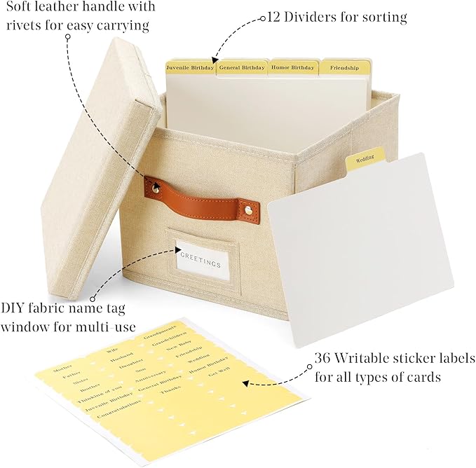 TARSUKA Greeting Card Organizer with dividers - Storage Box with lid Holds 150+ Cards - Assortment Box for Greeting Cards,Recipes, Photos, Envelopes, Keepsake - 9 x 9 x 7 Inches (Beige, 2 pcs)