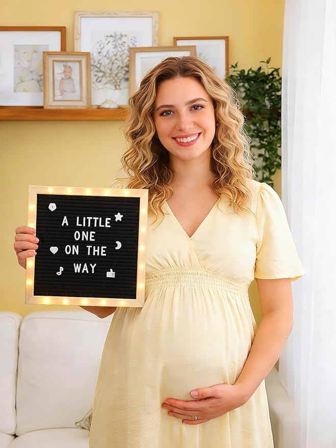 Changeable Felt Letter Board with LED Lights - 10×10" Message Custom Signs & Wood Stand & 450 Letters, Poster Board for Valentine's Day/Baby/Pregnancy Announcement/Classroom Wall Decor Gifts, Black