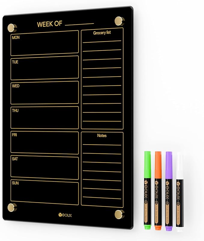 Black Glass Golden Weekly Dry Erase Calendar & Menu Whiteboard for Wall, Meal Planning & Grocery Shopping List White Board for Kitchen & Home, 15x11, 4 Wet Erase Markers Included, Yeoux