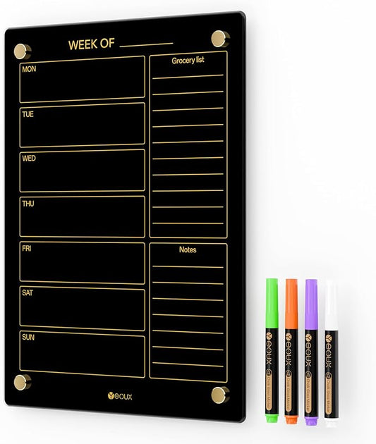 Black Glass Golden Weekly Dry Erase Calendar & Menu Whiteboard for Wall, Meal Planning & Grocery Shopping List White Board for Kitchen & Home, 15x11, 4 Wet Erase Markers Included, Yeoux