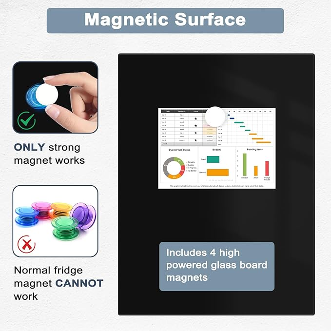 Magnetic Glass Whiteboard for Wall, 16" x 12" Glass Dry Erase Board, Large Frameless White Board for Home and Office - Black