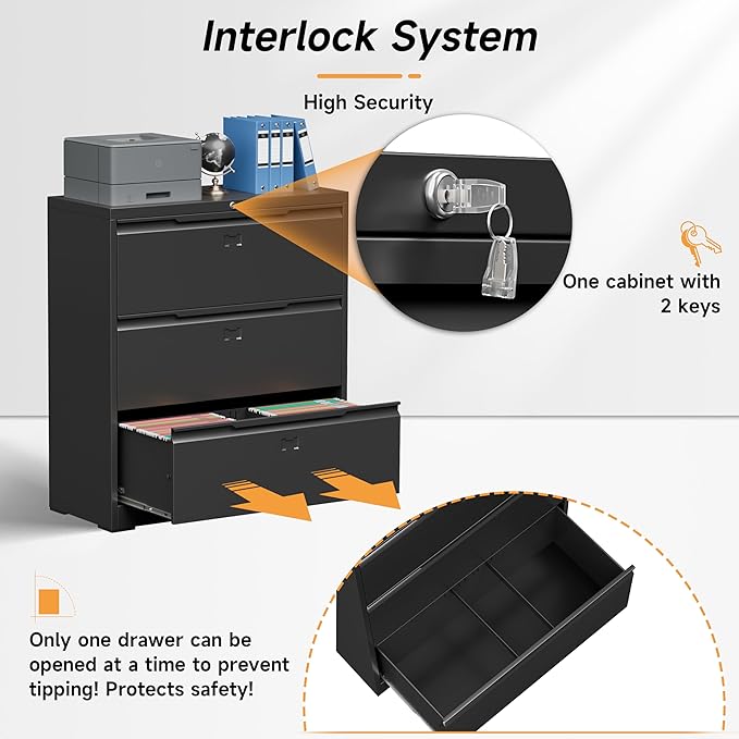 Bestoo 3-Drawer Lateral File Cabinet with Lock, Filing Cabinet for Home Office, Metal File Storage Cabinets, Fits File Folders, Letter/Legal/F4/A4 Sizes, Assembly Required (Black)
