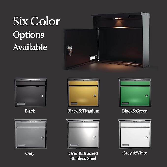 Solar Wall Mount Mailbox for Outside - Auto LED Light at Dusk, Large Locking Mail Box (13 x 3.7 x 12.2 Inches) with Key, Secure Metal Mailboxes for House Outside, Waterproof & Rust-Proof