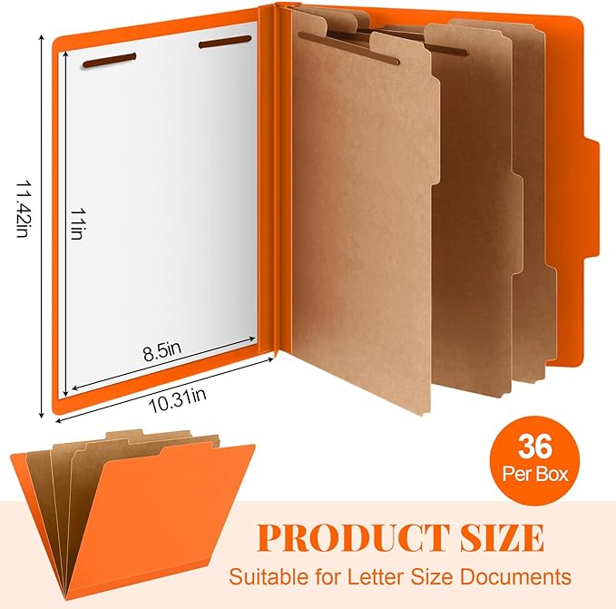 Skyygemm 36 Pcs Classification Folders Letter Size, 3 Divider Pressboard File Folder with Fasteners, Expanding File Organizer Bulk for School Teachers, Office Employee, Coworker, Staff (Orange)