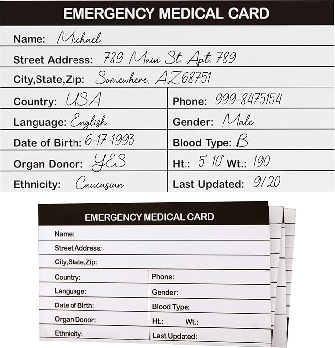 4 Pack Emergency Medical Information Id Card Red Medical Condition and Emergency Contact Id Wallet Card Medical Alert Wallet Card Pocket Size Medication List and Medical Cards for Caretakers (Black)