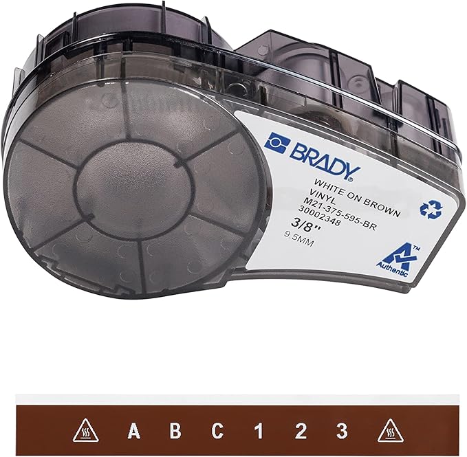 Brady Authentic (M21-375-595-BR) All-Weather Vinyl Label for Indoor/Outdoor ID, Lab and Equipment Labeling, White on Brown- ForM210, M210-LAB, M211, BMP21-PLUS and BMP21-LAB Printers, .375" W, 21' L