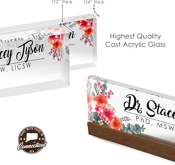 Artblox Personalized Office Desk Name Plate and Business Card Holder | Clear Acrylic Glass with Teak Wood Stand | Mixed Flowers Design Customized with Your Name and Credentials Office Desk Decor