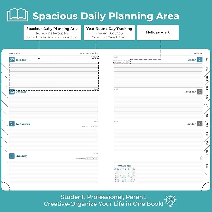 IN-LUXPRO Planner 2026 Daily Weekly and Monthly,8.5"x6.5",12 Months Spiral Bound Calendar Agenda with Self-adhesive Pen Holder,2026 Appointment Book with Vegan Leather Soft Cover,Light Blue