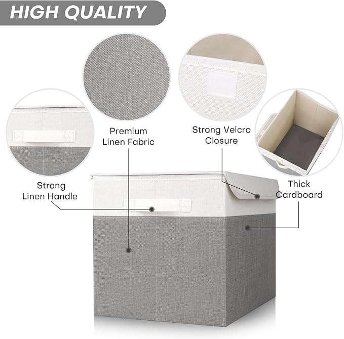 Bagnizer Large 22 Quart Linen Fabric Foldable Storage Bin Cube Organizer Basket with Flip-Top Lid & Handles, Clothes Blanket Box for Home, Office, Closet, Gray & White, 4 Pack 14.6 x 9.5 x 9.5”
