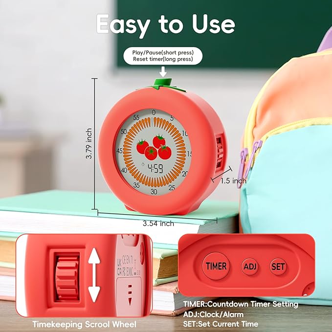 Tomato Visual Timer for Kids, 299-Minute Cute Kids Pomodoro Countdown Timer, ADHD Autism Toddler Support, Visual Timer for Classroom, Kitchen, Office Desk and Meetings
