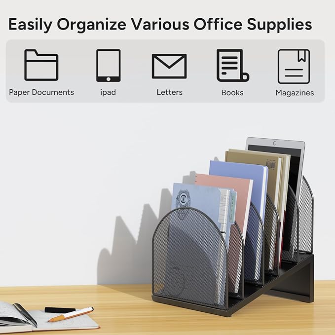OUTIOE 5-Section Desk File Organizer, Metal Mesh Folder Organizer for Documents, Mail & Office Papers (Black)