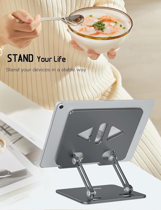 Aoviho Adjustable Tablet Stand Holder for Desk, Desktop Tablet Holder, Foldable Aluminum Tablet Mount for iPad pro 12.9, iPad Air Mini, Samsung Galaxy Tabs Z Fold Kindle Fire,4-12 inch, Grey