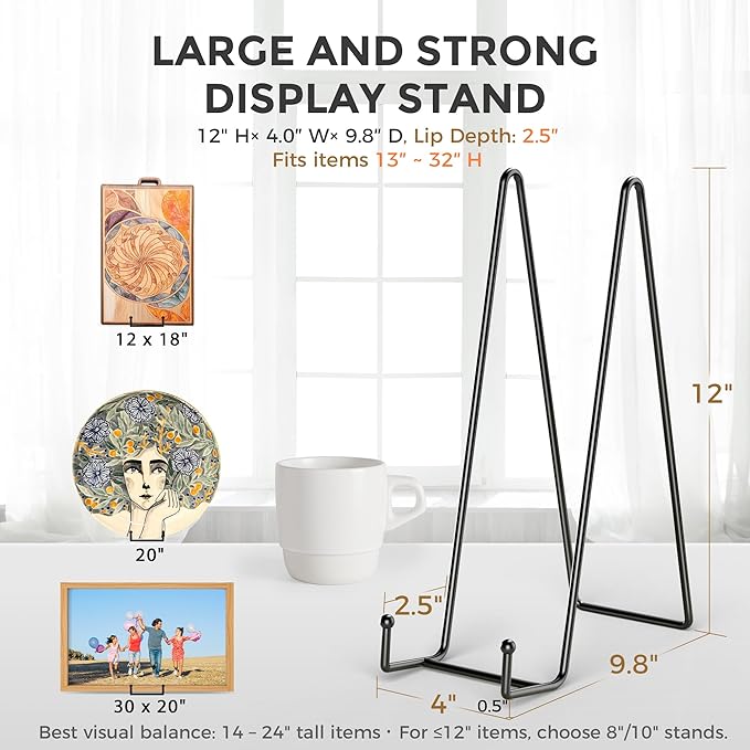 TR-LIFE 3 Pack 12 Inch Plate Stands for Display - Large, Metal Picture Frame Holder Stand + Easels for Decorative Platter, Book, Plaque, Photo, Table Top Art
