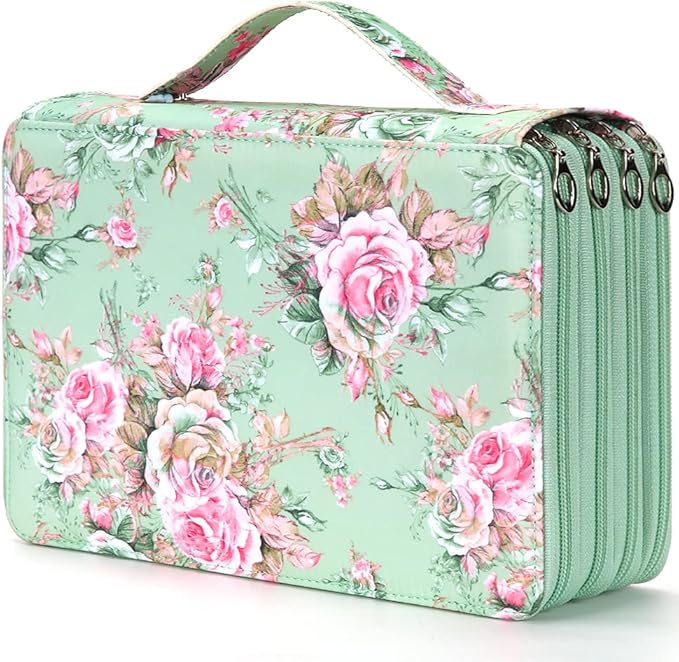 Vomgomfom Colored Pencil Case - 200 Slots Pencil Holder with Zipper Closure Twill Fabric Large Capacity Pencil Case for Watercolor Pens or Markers, Pencil Case Organizer for Artist or Student (Green Rose)