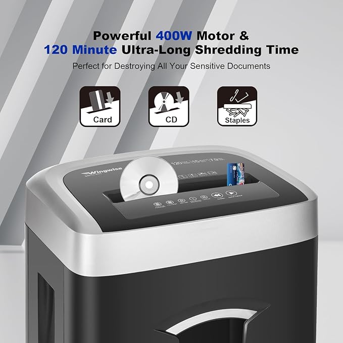 Wingwise 120-Minute Paper Shredder - 15-Sheet Capacity, 30L（7.9 Gallon） Bin, 58dB Quiet Operation, P4 Cross-Cut Heavy-Duty Shredder for Home & Office Use