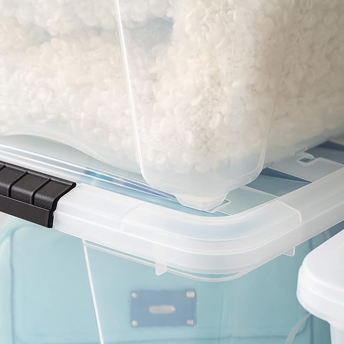 IRIS USA 51 L (54 QT) Plastic Storage Box with Lid and Latches - 4 Pack - BPA-Free, See-Through Organizing Solution, Durable Nestable Stackable Containers, Secure Pull Handle - Clear