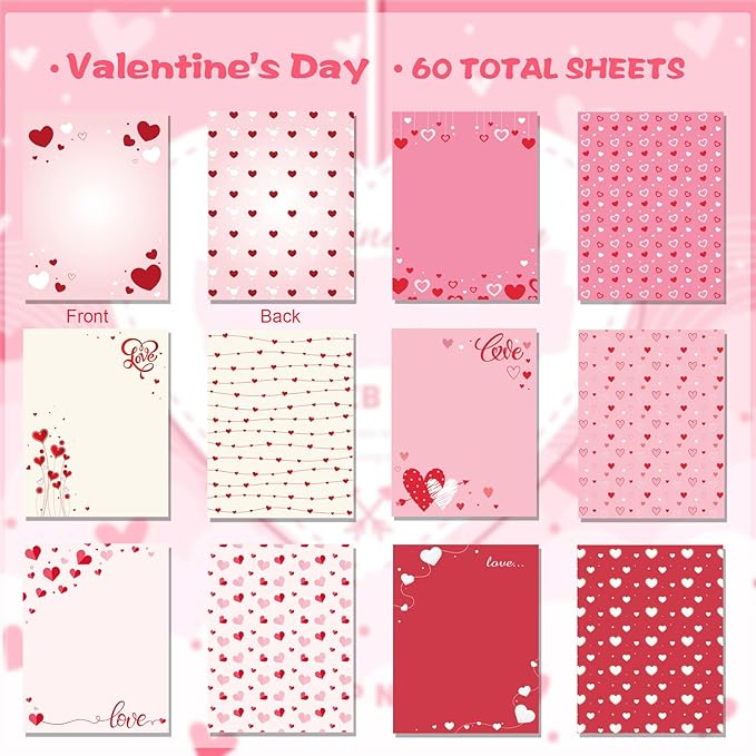 FANOST Valentine‘s Letter Paper Set - 60 Sheets A4 A4 (8.5“x11”) Red Heart Love Pattern Stationery Paper for Romantic Handwritten Notes, Premium Writing Paper Gift for Her/Him Boyfriend/Girlfriend