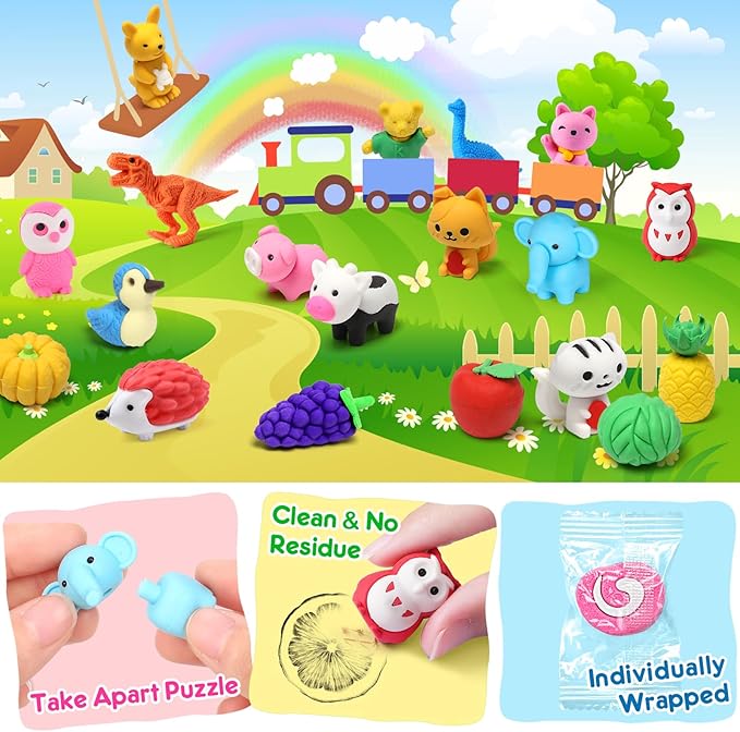 80PCS Mini Animal Erasers for Kids Bulk Small Toys, 3D Cute Erasers Desk Pets Treasure Box Toys Prizes for Classroom School Supplies Teacher Must Haves Students Gifts Kids Party Favors, Random