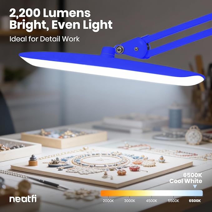 Neatfi XL 2,200 Lumens LED Task Lamp, 24W Super Bright Desk Lamp, 117 Pcs SMD LED, 4 Level Brightness, Dimmable, Task Light for Home, Office, Workbench (Non-CCT, Sapphire Blue)