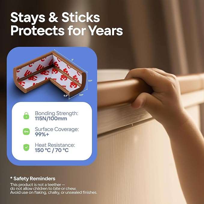 Sharp Edge and Furniture Safety Guards 20.4ft Protective Foam Cushion; 18ft Bumper 8 Adhesive Childsafe Corners Baby Caring Child Proofing Set NonToxic and Safe For Table, Fireplace, Countertop; Brown