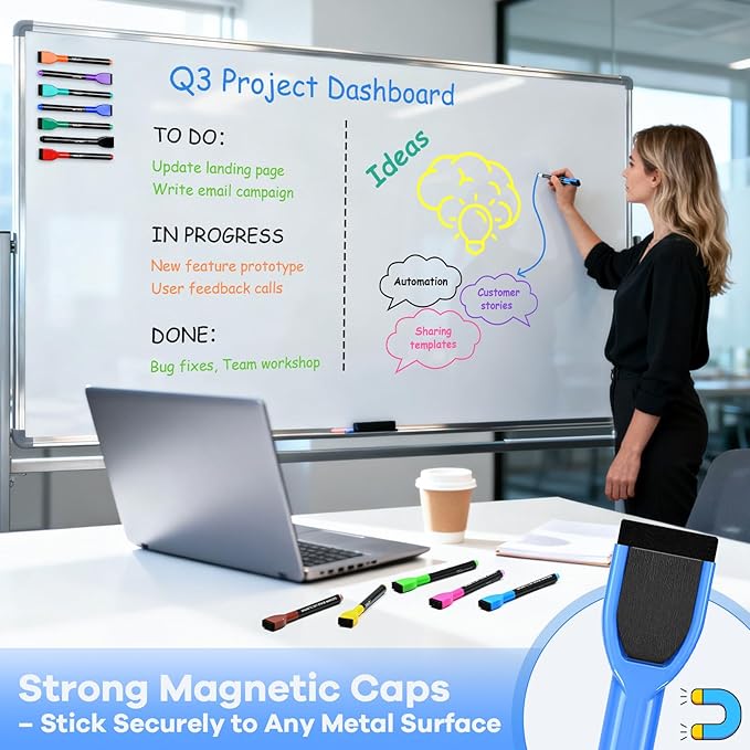 SUQJOY Magnetic Dry Erase Markers with Eraser Caps, Fine Tip 1-2mm, Low Odor Quick Dry Ink, 12 Colors, Whiteboard Marker Set for Fridge Calendar Office, 12 Count