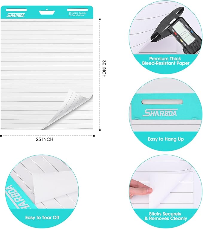 SHARBDA Lined Sticky Easel Pad, 25 in x 30 in,Flip Chart Paper,Sticky Chart Paper for Teachers, Large Self-Stick Easel Paper,Super Sticky & Bleed-Resistant,30 Sheets/Pad,2 Pads