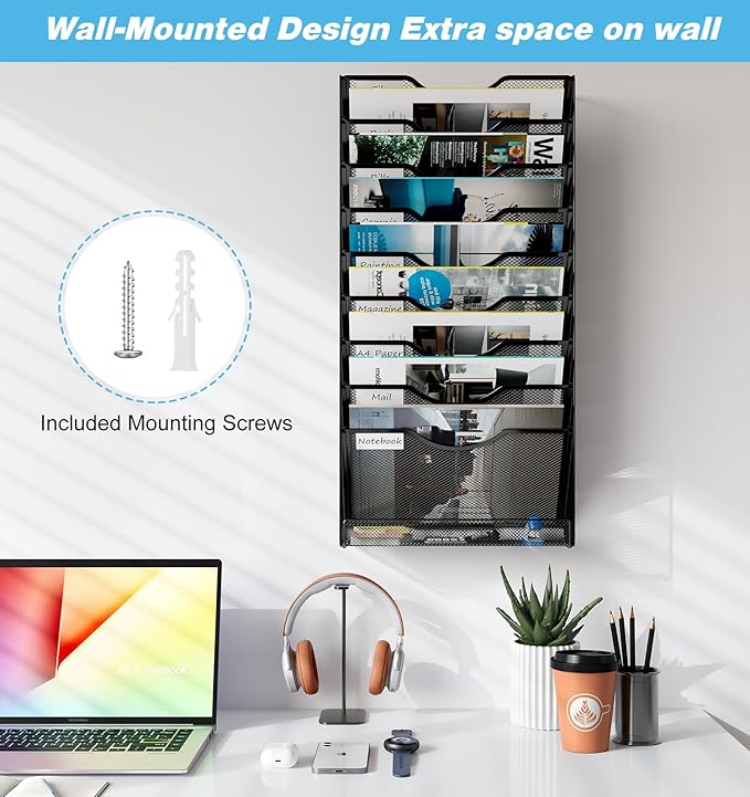 Solinxe 10 Tier Wall File Organizer, Vertical Mesh Paper Mail Organizer Wall Mounted Magazine Rack, Metal Clipboard Storage for Office, Home, Classroom, Black