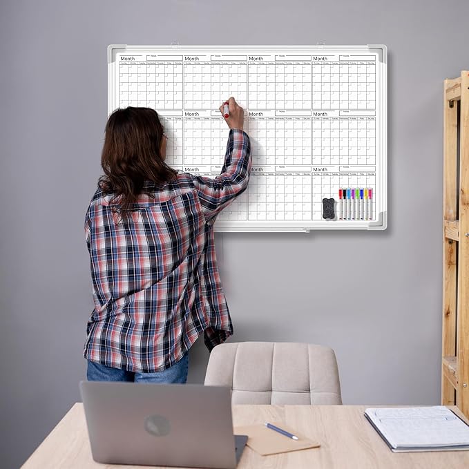 Lincia 36" x 24" Magnetic Horizontal Yearly 12 Month Dry Erase Calendar for Wall 2026 Undated Dry Erase Wall Calendar Planner Aluminum Frame Whiteboard for Home Office Projects Fridge