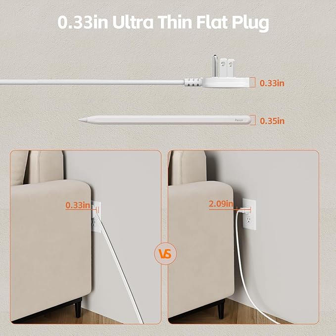 Surge Protector Power Strip 10 FT Flat Extension Cord ，10 AC Outlets & 4 USB Ports(5V/3.4A 17W), 1080J ，Wall Mountable Desktop Charging Station with Flat Plug for Office Supplies and Home, White
