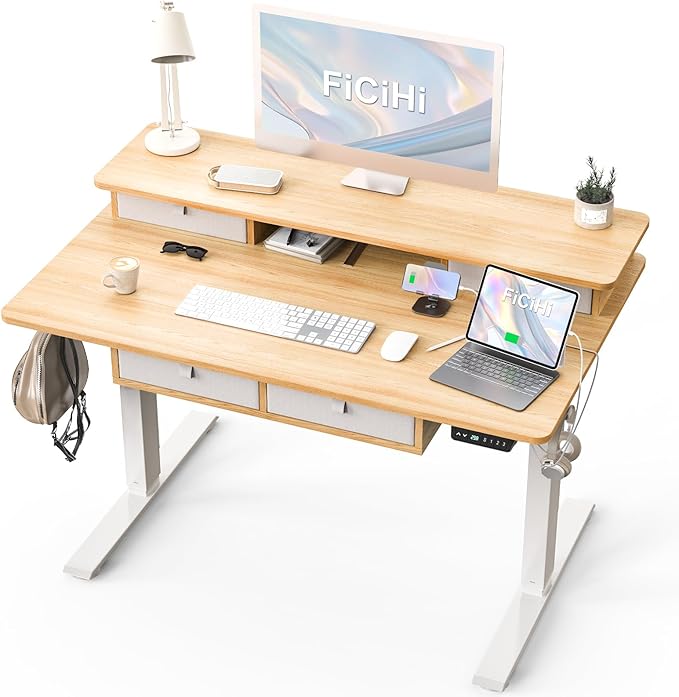 FiCiHi Adjustable Height Standing Desk with 4 Drawers,48 x 30 inches Electric Sit Stand Home Office Desk with Two Tiers, 3 Memory Presets, Monitor Stand Riser, USB A/C Charging Port