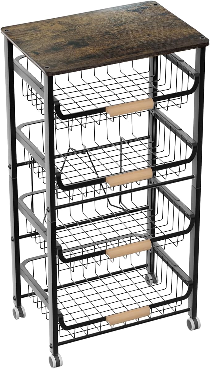 NiuYichee 5-Layer Fruit Basket Kitchen Food Organizer and Rack, Stackable Storage Cart with Desktop, Pull-Out Hollow Metal Basket, Wheeled Sorting Rack Spice Rack, Black