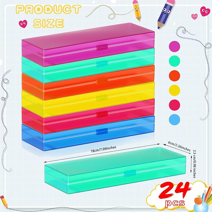 Fainne 24 Pcs Plastic Pencil Case Bulk Pencil Boxes Plastic Stationery Case Frosted Pen Box Pen Holder with Hinged Lid Snap Closure for Office(Single Layer,Assorted Colors,7.09 x 2.36 x 0.98 Inch)