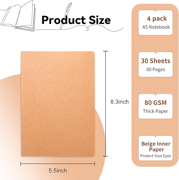 4 Pack Blank Kraft Notebooks, 8.3x5.5 Inches A5 Small Journals Bulk Blank Notebooks 80 Gsm Unlined with 60 Pages A5 Subject Notebooks Traveler Journal Set for Adult Students Back to School Supplies