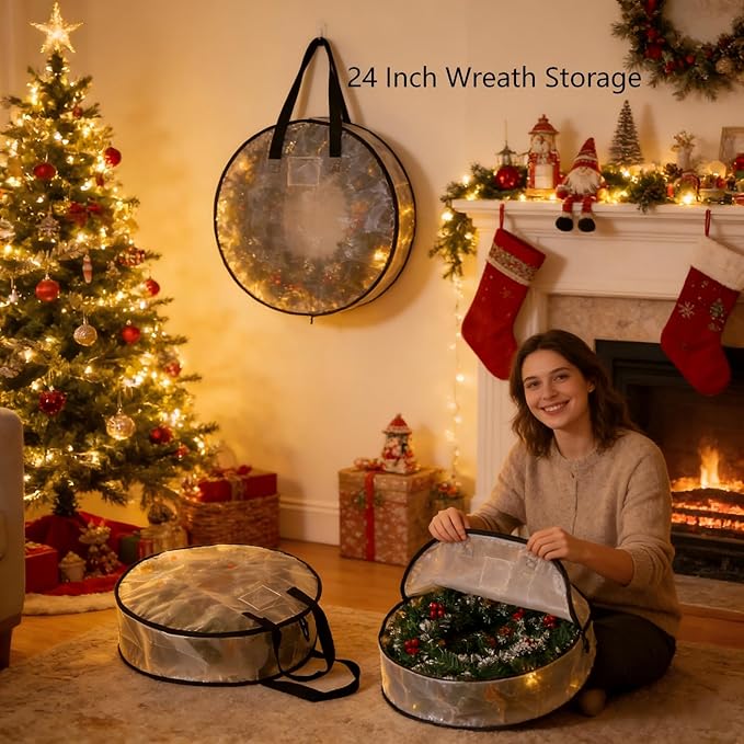 PWRSC 2 Pack Wreath Storage Bag, Summer, Christmas Decoration Garland Container, 24 Inch Clear Door Wreath Organizers, Moving Boxes, Packing Supplies for College