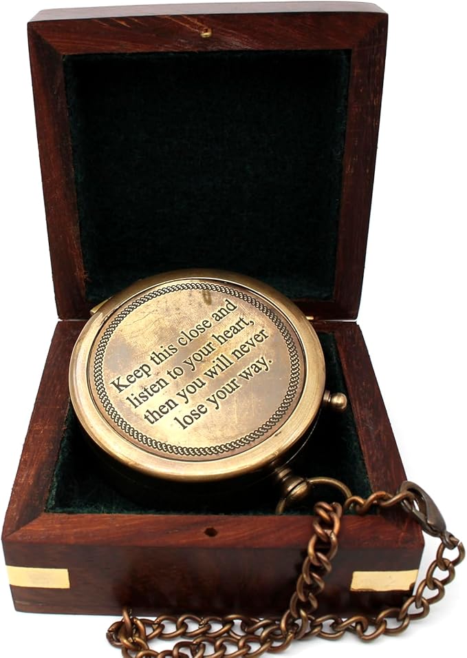 US HANDICRAFTS Listen to Your Heart Engraved Brass Compass | Portable Sentimental Son Birthday, Graduation, Confirmation Gift | Pocket Compass with Wooden Case with Case