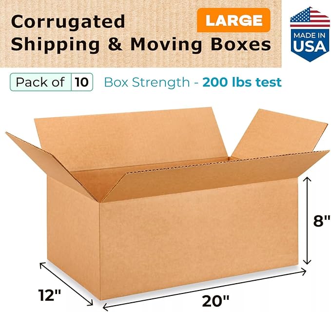 Large Shipping & Moving Boxes 20x12x8 inches (10-Pack) - Extra Strength 200 lb vs Regular - Corrugated Cardboard Boxes for USPS/UPS - Moving Box Large - Packing Box by IDL Packaging