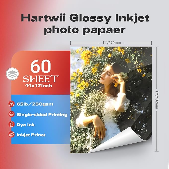 HARTWII 60 Sheets Heavyweight Inkjet Glossy Photo Paper 11 x 17 inch 65lb 250gsm for Obituary Bulletin Gallery Show Thick for A3 Size Dye Ink Printers