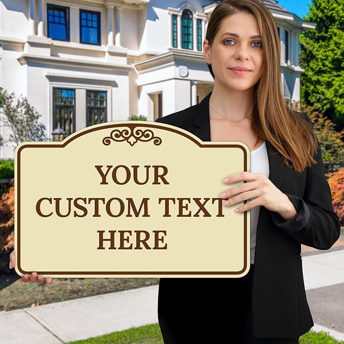 Custom Decorative Sign, Personalized Metal Sign for Business, Driveway, Home, Airbnb, Office Door Plaque, Brown Border Sign, 12x18 Inches, ACM, Fade Resistant, Made in USA by Sigo Signs
