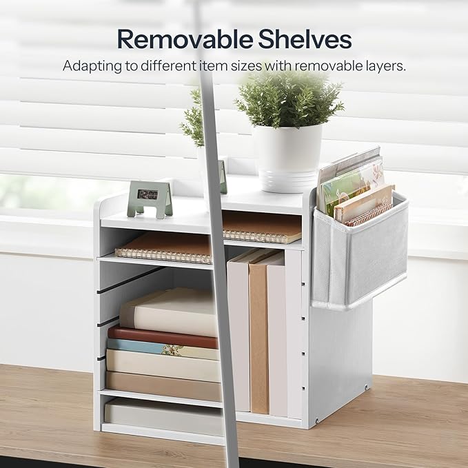 HOOBRO Adjustable Countertop Mail Sorter, 6 Tier Wooden Paper Organizer, Vertical Literature Organizer with Side Storage, Office Mailbox Cubbies, Classroom Mailbox, for Home, Office, White WT34WF01