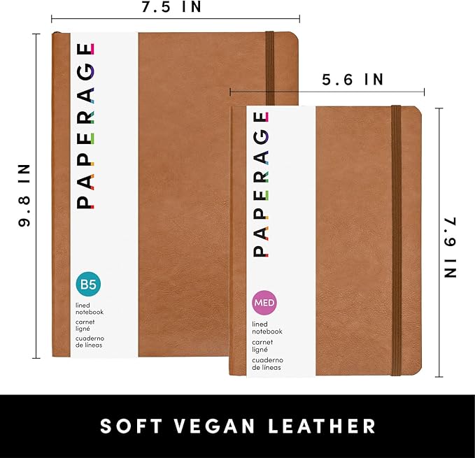 PAPERAGE Softcover Lined Journal Notebook (Cognac), 176 Pages, Large B5 College Ruled Notebook, 7.5 inches x 9.8 inches - 100 GSM Premium Paper, Soft Vegan Leather Journal for Home, Work & School