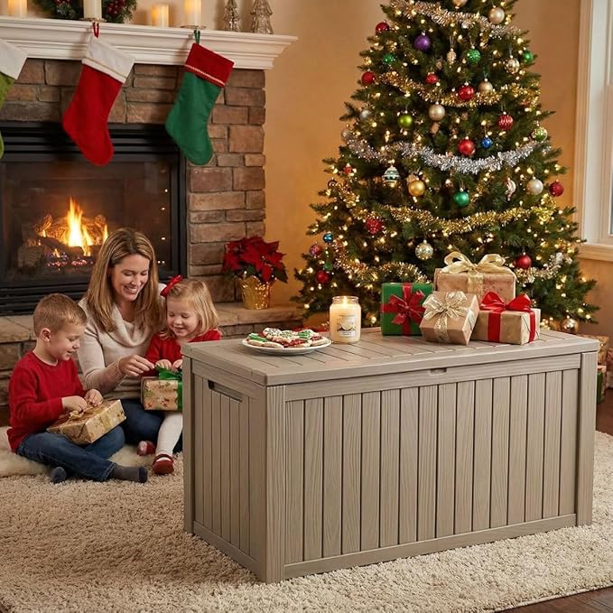 Yardgrace 210 Gallon Outdoor Storage Bench Waterproof - Resin Deck Storage Chest for Patio & Pool, Lockable Outdoor Storage Box for Cushions & Tools, UV-Resistant, Granite Grey